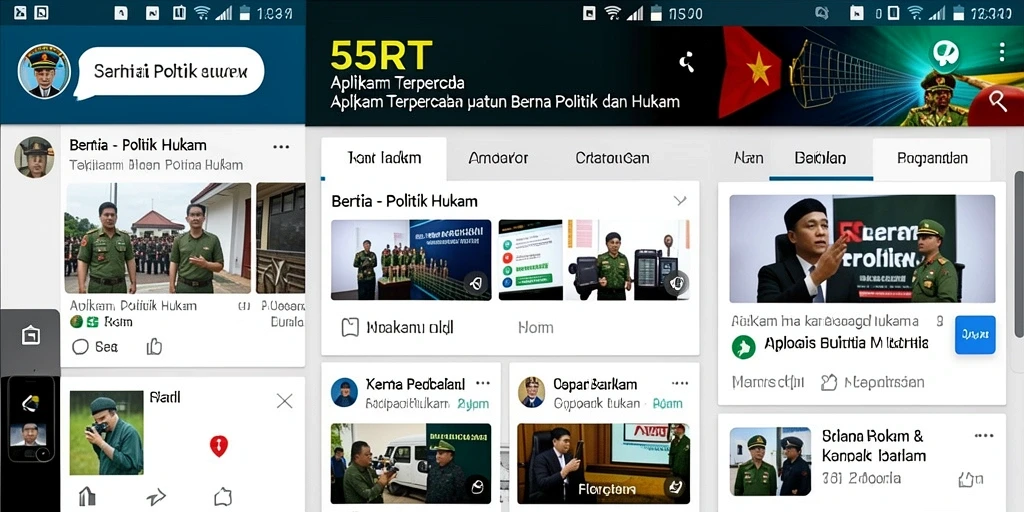 Tampilan antarmuka aplikasi 55RT dengan fitur berita politik dan hukum.
