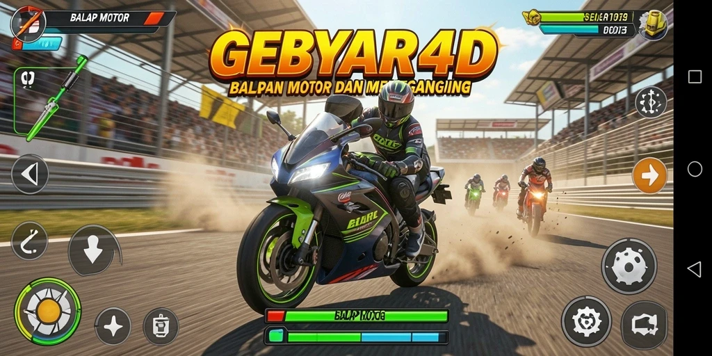 Antarmuka GEBYAR4D yang menampilkan balapan motor seru.